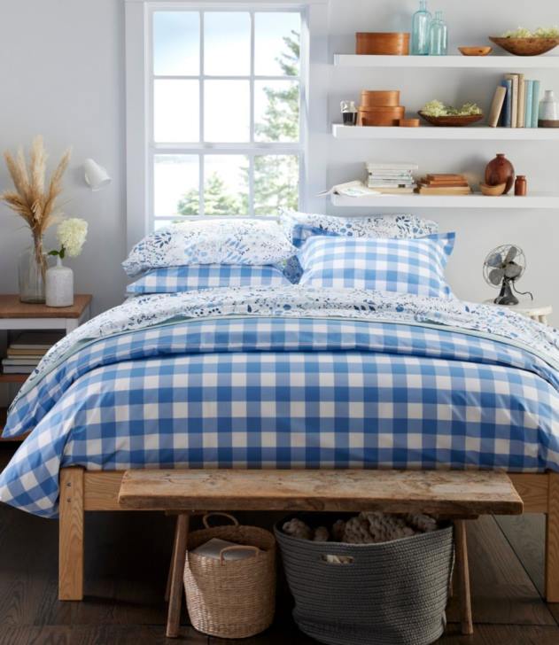 Bedding White/Mid-Blue H8XZ4502 280-Thread-Count Pima Percale Comforter Cover Collection Check Unisex L.L.Bean